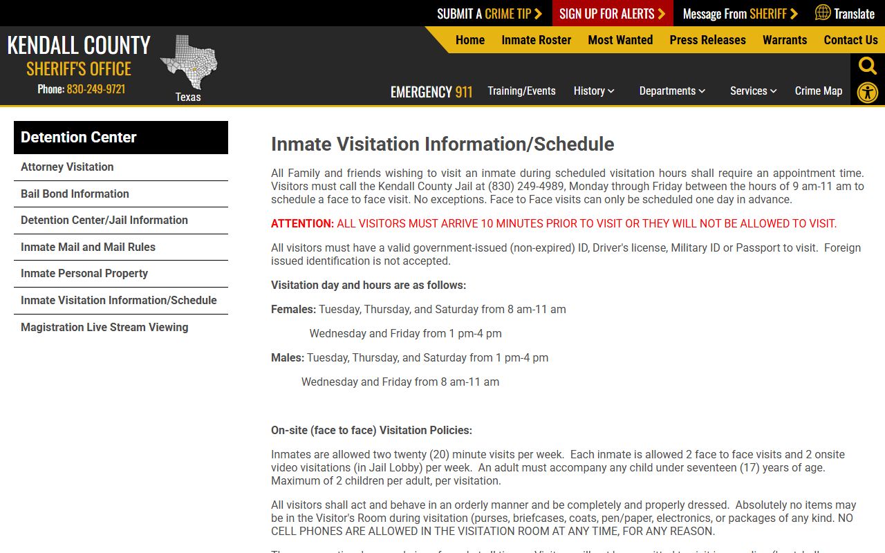 Kendall County inmate visitation rules page with Cidnet and JailATM references